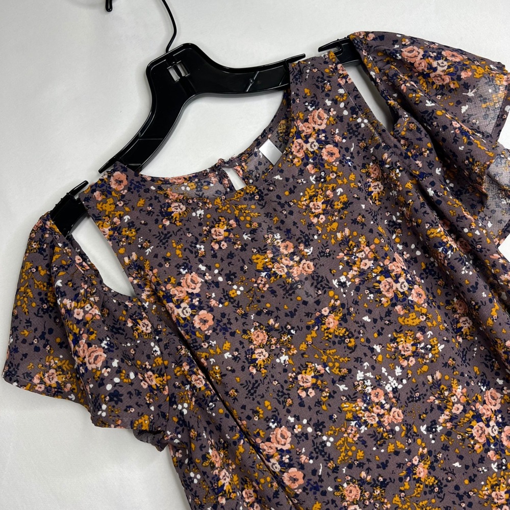 Purple Tan Floral Cold Shoulder Top Women M Flutter Sleeve Blouse Retro Y2K Boho